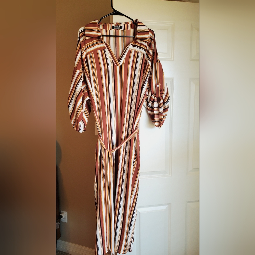 Bloomchic Brown Black & White Striped Collared Dress